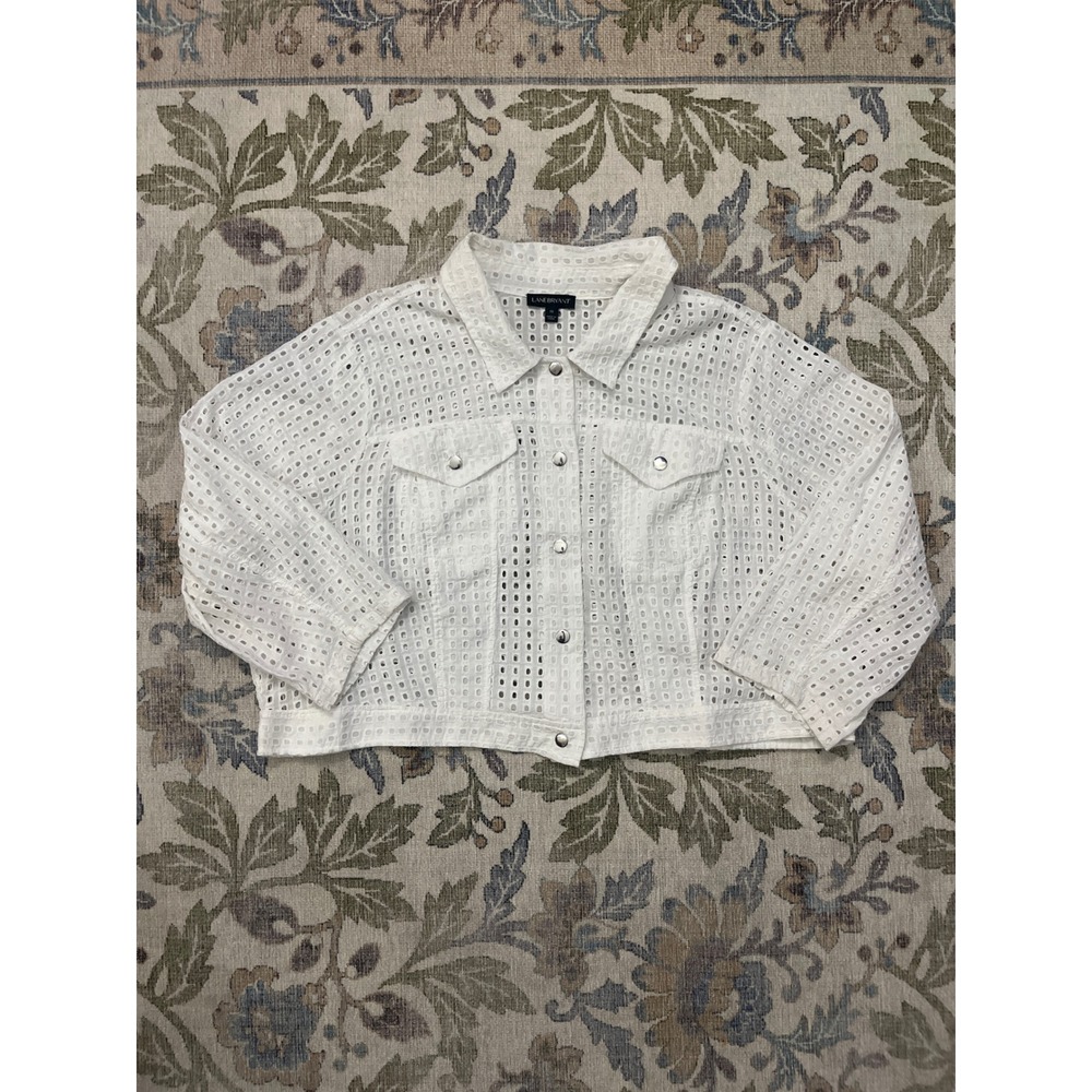 Lane Bryant Eyelet Jacket Womens 26 White Excellent Cotton Cropped Shacket